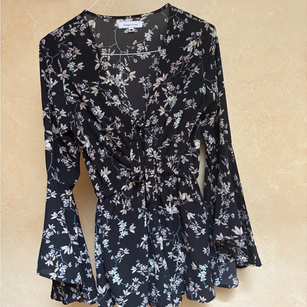 Floral Black Romper with Bell Sleeves